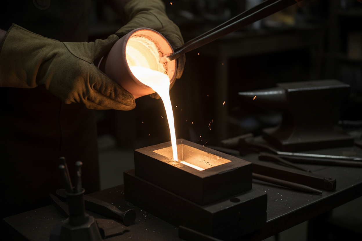 pouring molten silver in to a mold